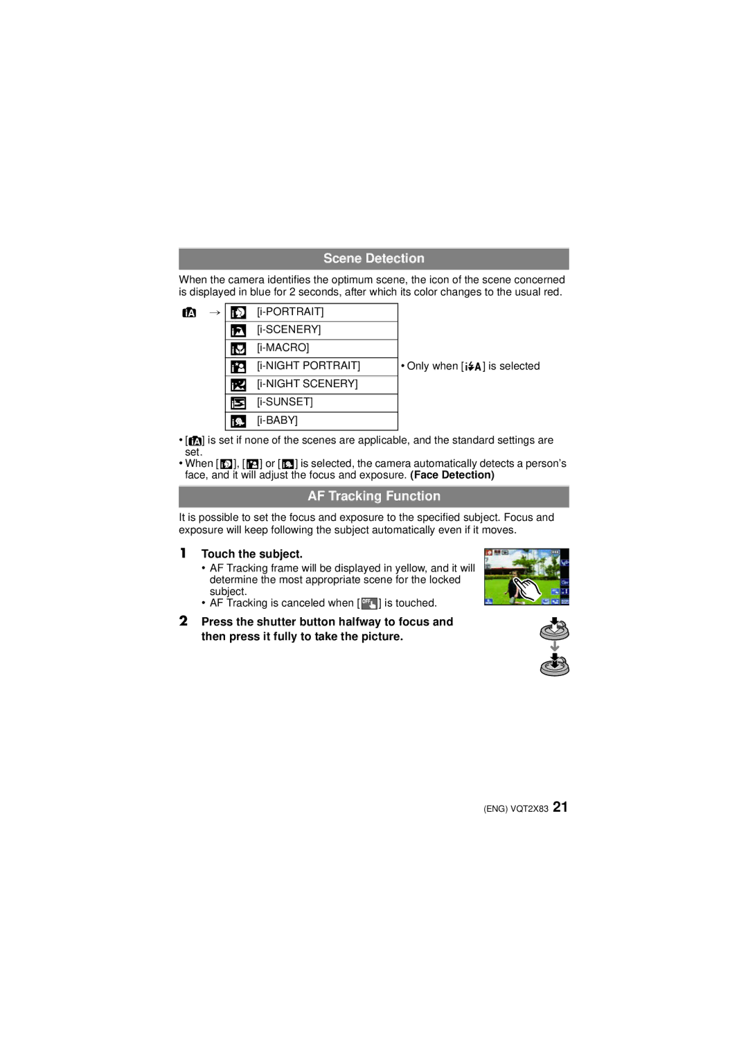 Panasonic VQT2X83, DMC-FX700 operating instructions Scene Detection, Touch the subject 