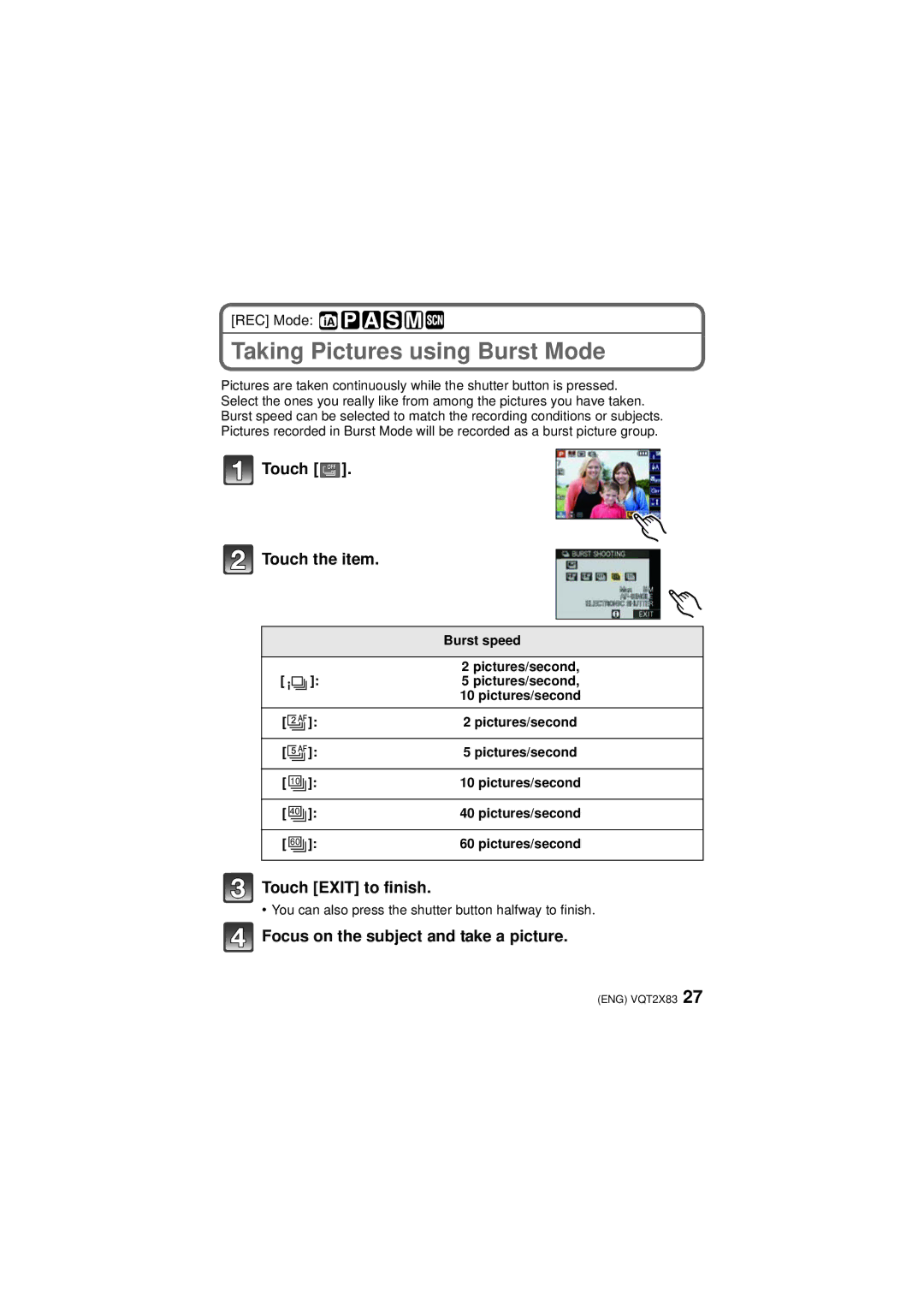 Panasonic VQT2X83, DMC-FX700 operating instructions Taking Pictures using Burst Mode, Burst speed, Pictures/second 