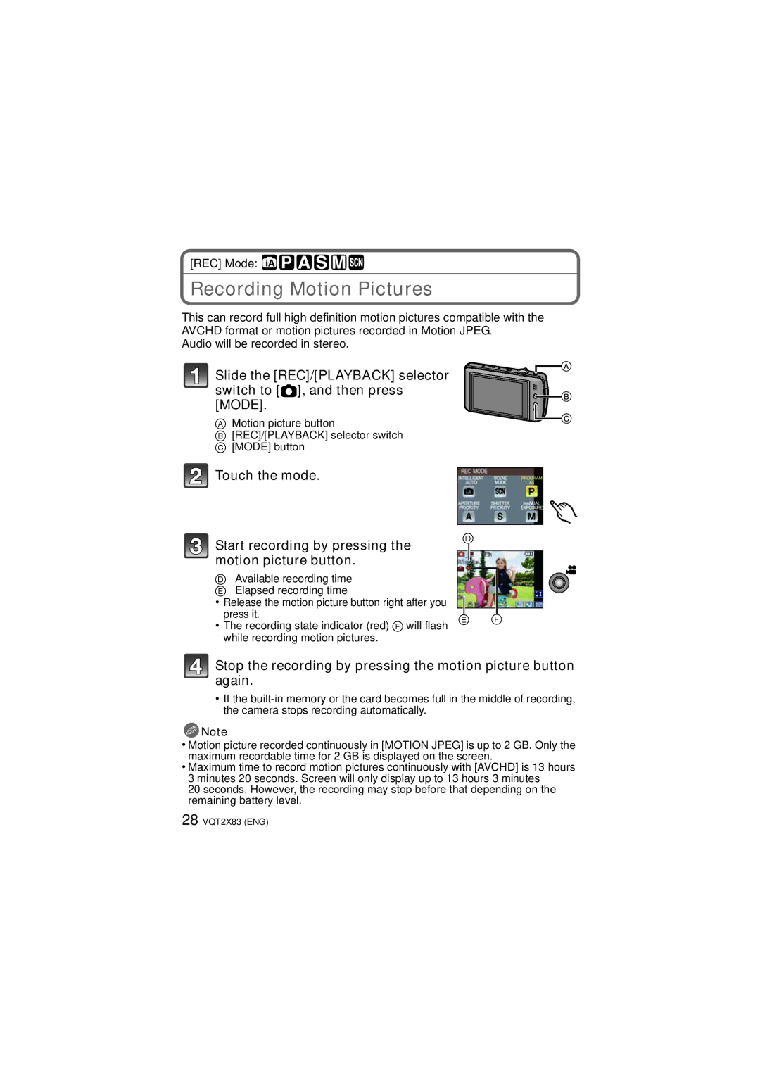 Panasonic DMC-FX700, VQT2X83 operating instructions Recording Motion Pictures 