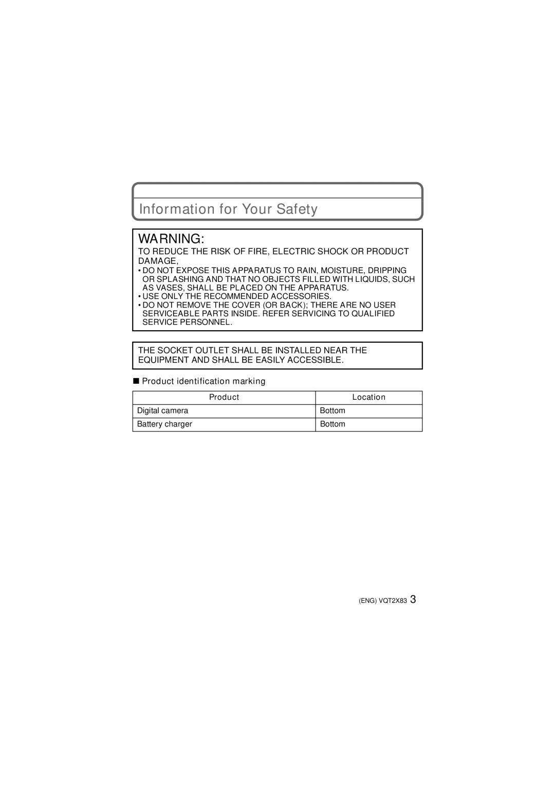 Panasonic VQT2X83, DMC-FX700 Information for Your Safety, Product identification marking, Product Location 