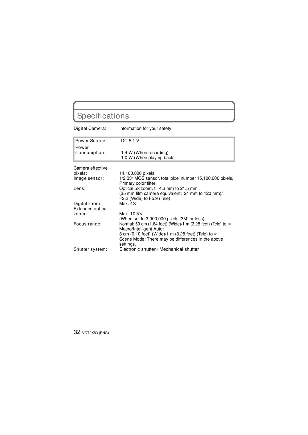 Panasonic DMC-FX700, VQT2X83 operating instructions Specifications 