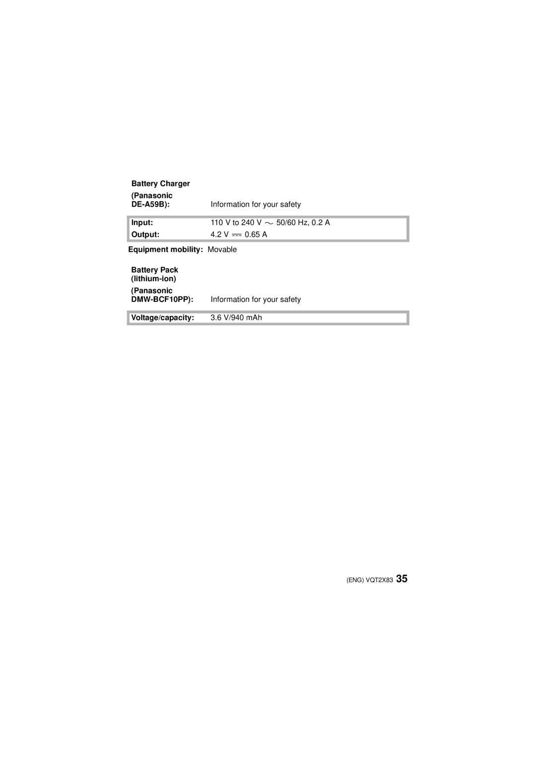 Panasonic VQT2X83, DMC-FX700 operating instructions Information for your safety, Voltage/capacity V/940 mAh 