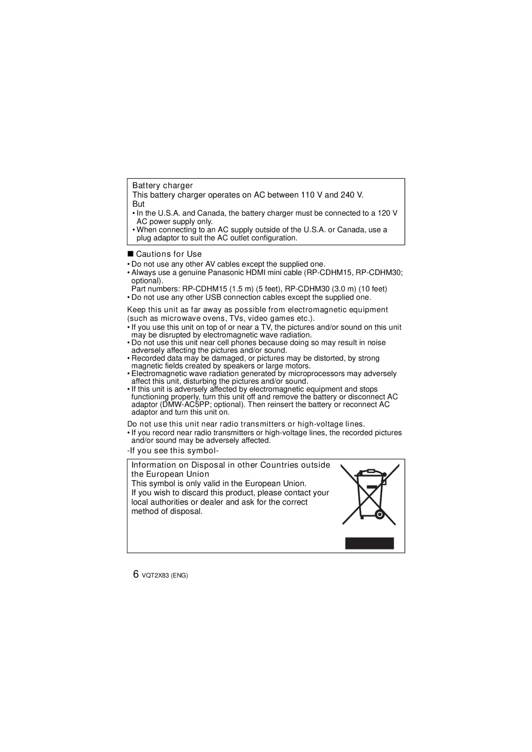 Panasonic DMC-FX700, VQT2X83 operating instructions Battery charger 