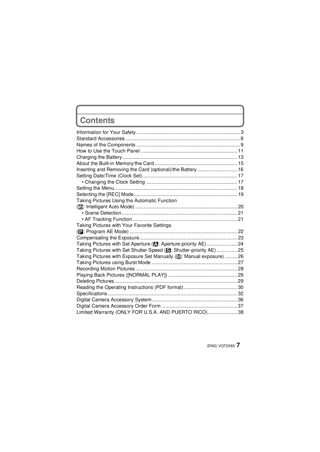 Panasonic VQT2X83, DMC-FX700 operating instructions Contents 