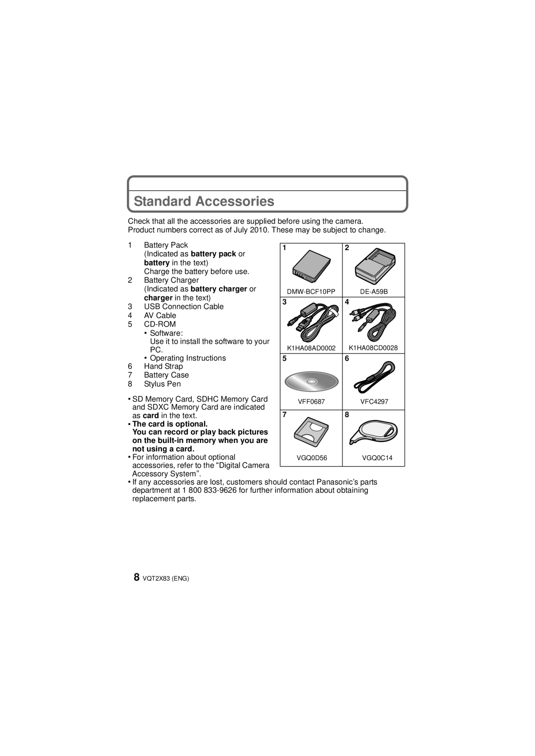 Panasonic DMC-FX700, VQT2X83 operating instructions Standard Accessories, SD Memory Card, Sdhc Memory Card, Accessory System 