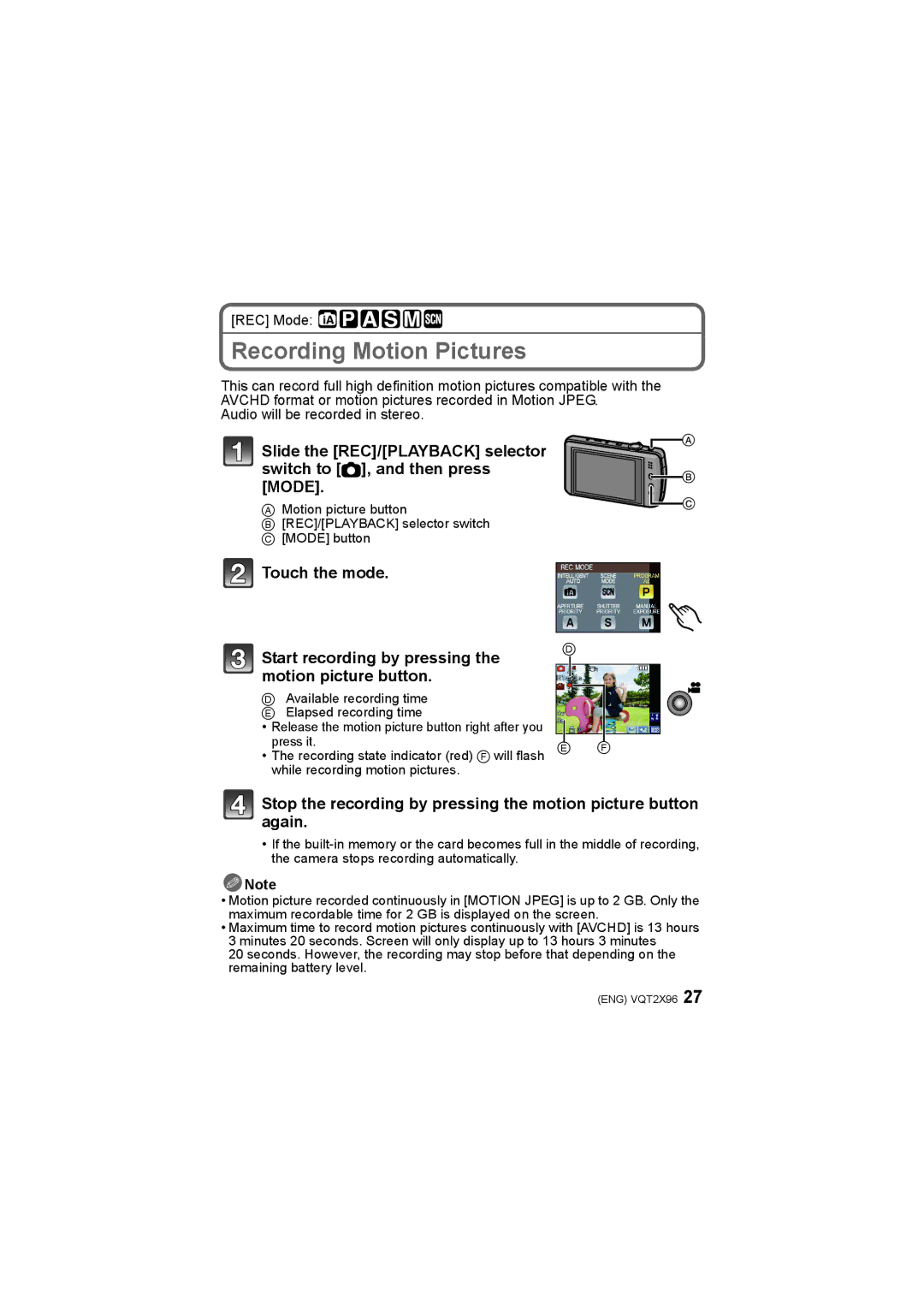 Panasonic DMC-FX700 operating instructions Recording Motion Pictures 