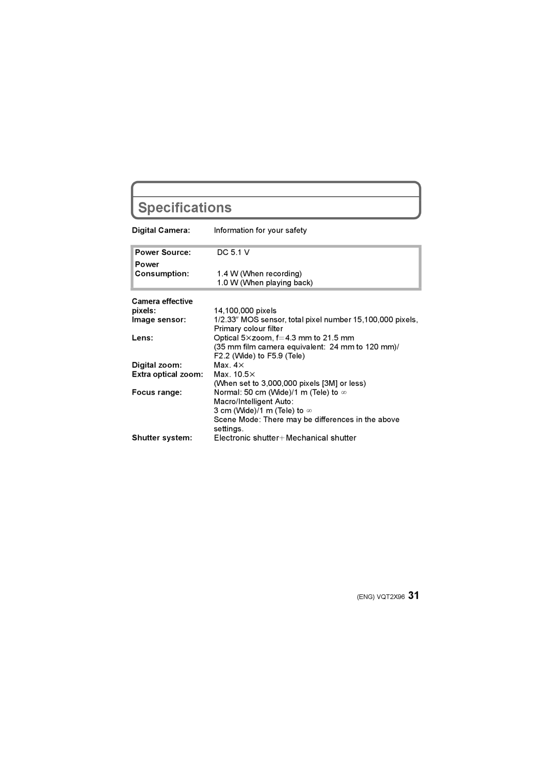 Panasonic DMC-FX700 operating instructions Specifications 