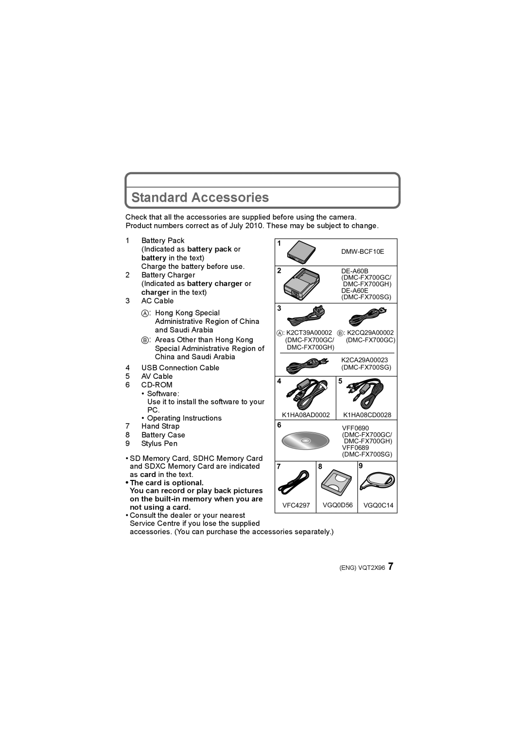 Panasonic DMC-FX700 operating instructions Standard Accessories, Not using a card 