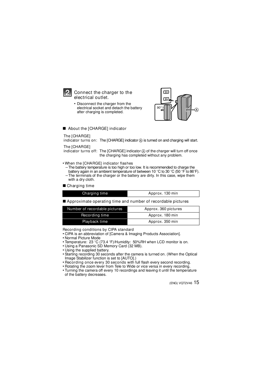 Panasonic VQT2V46, DMC-FX75 About the Charge indicator, Charging time, When the Charge indicator flashes 