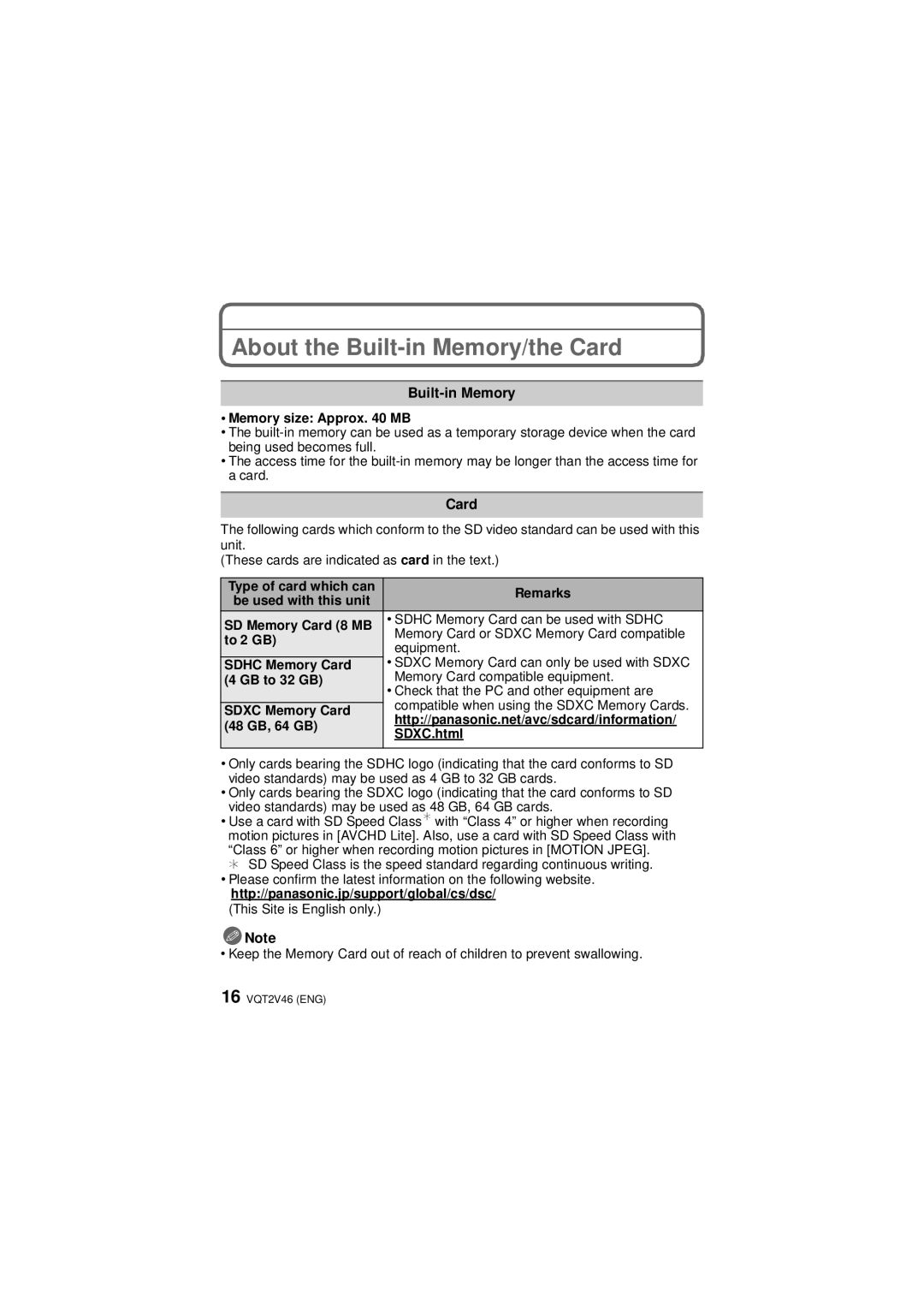 Panasonic DMC-FX75, VQT2V46 operating instructions About the Built-in Memory/the Card 