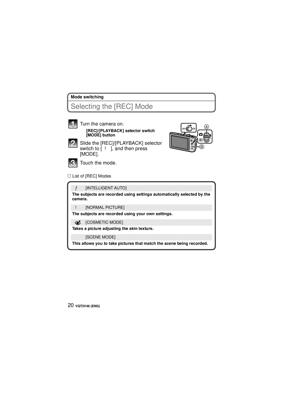 Panasonic DMC-FX75, VQT2V46 operating instructions Selecting the REC Mode, List of REC Modes 