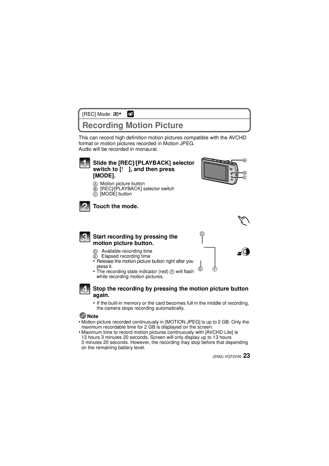 Panasonic VQT2V46, DMC-FX75 operating instructions Recording Motion Picture 