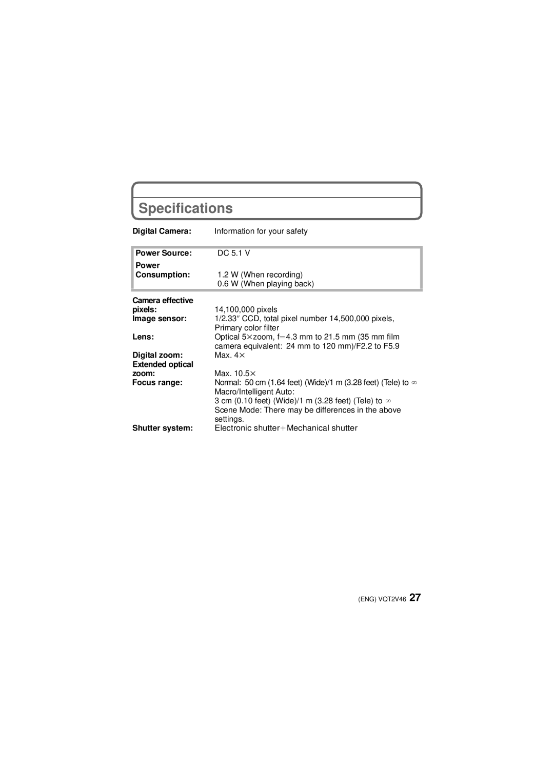 Panasonic VQT2V46, DMC-FX75 operating instructions Specifications 