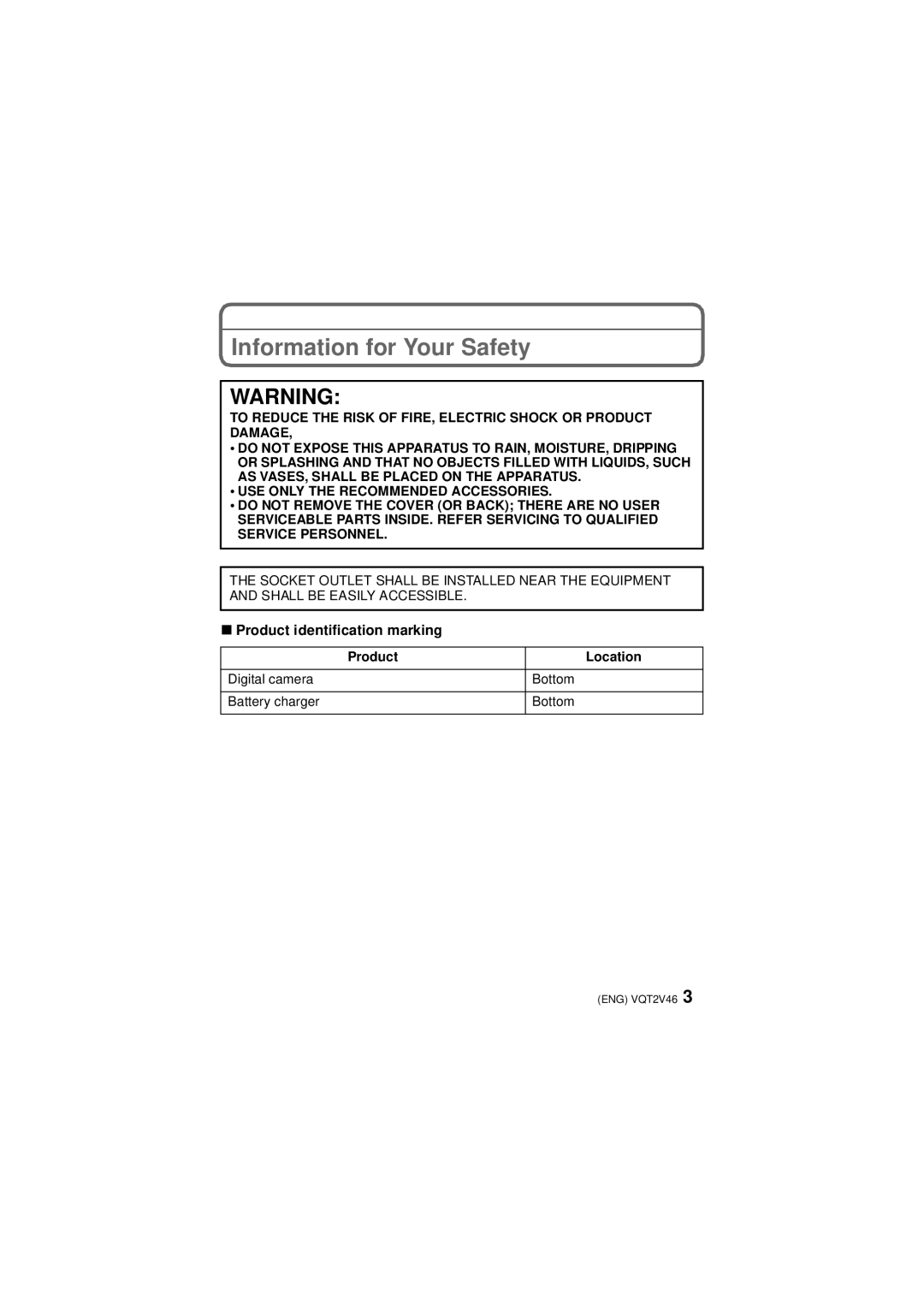 Panasonic VQT2V46, DMC-FX75 Information for Your Safety, Product identification marking, Product Location 