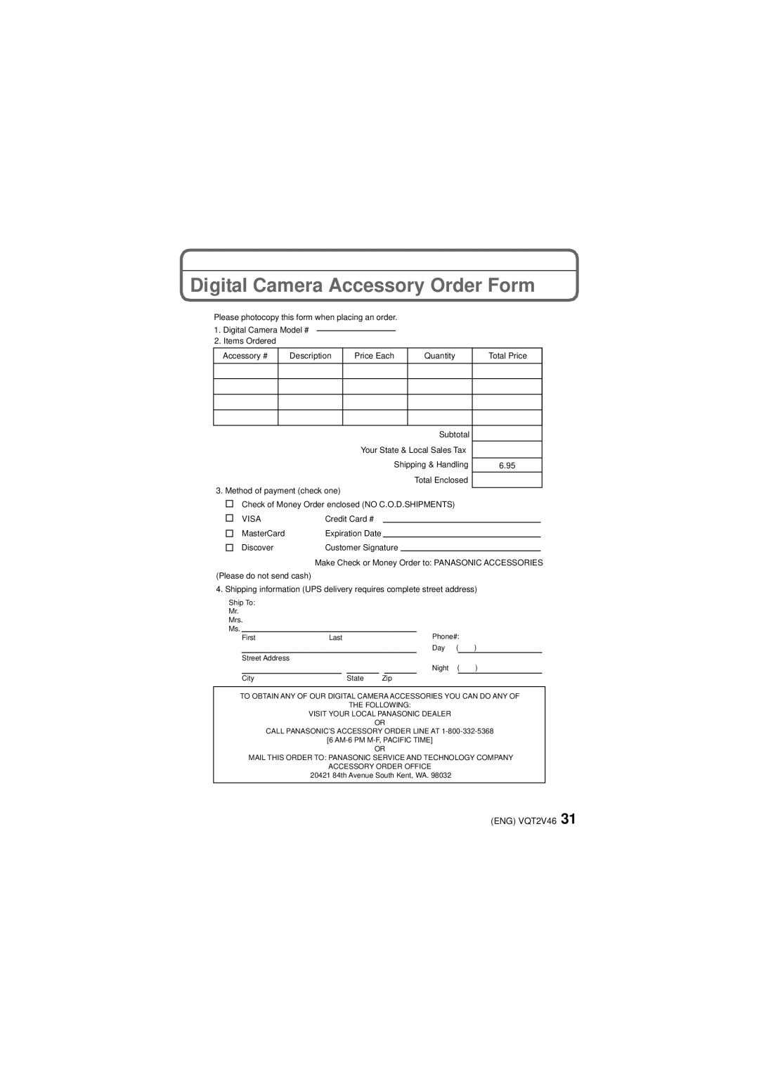 Panasonic VQT2V46, DMC-FX75 operating instructions Digital Camera Accessory Order Form, Visa 