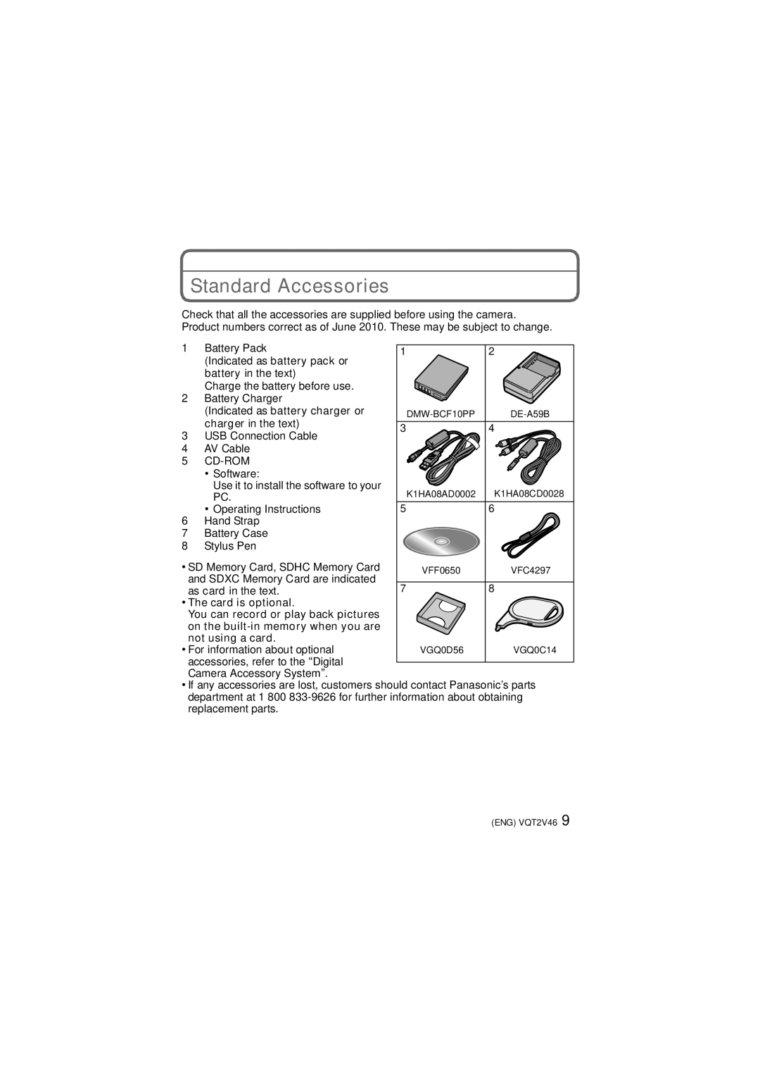 Panasonic VQT2V46, DMC-FX75 operating instructions Standard Accessories, SD Memory Card, Sdhc Memory Card 