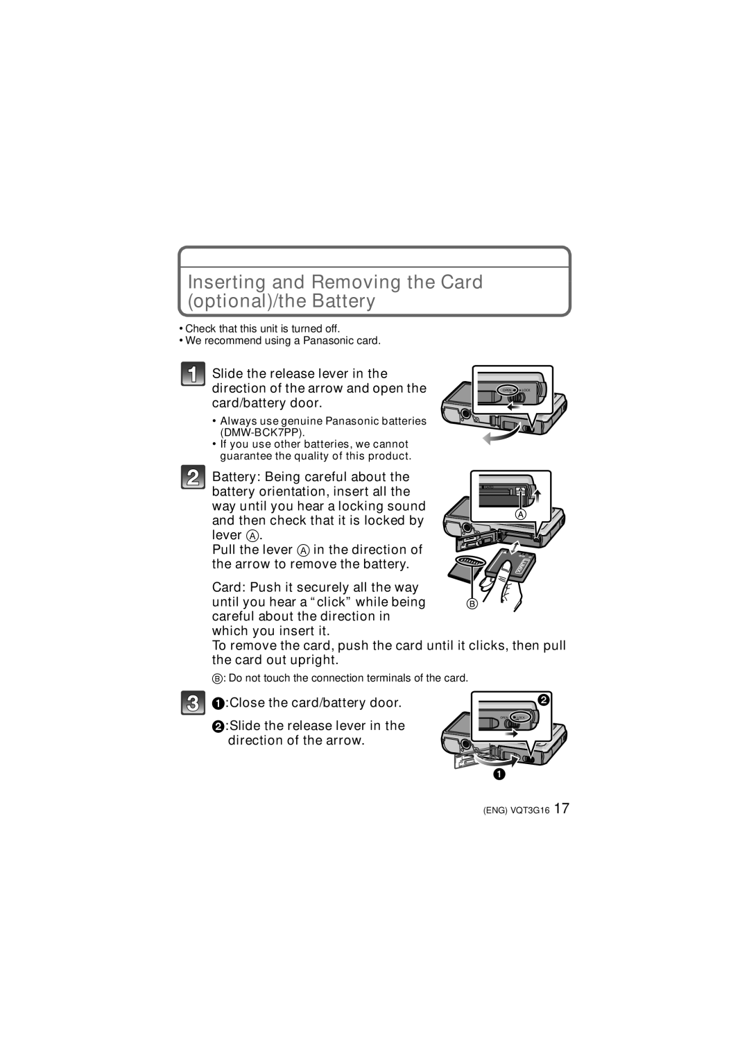 Panasonic DMCFX78K, DMC-FX78 owner manual Inserting and Removing the Card optional/the Battery 