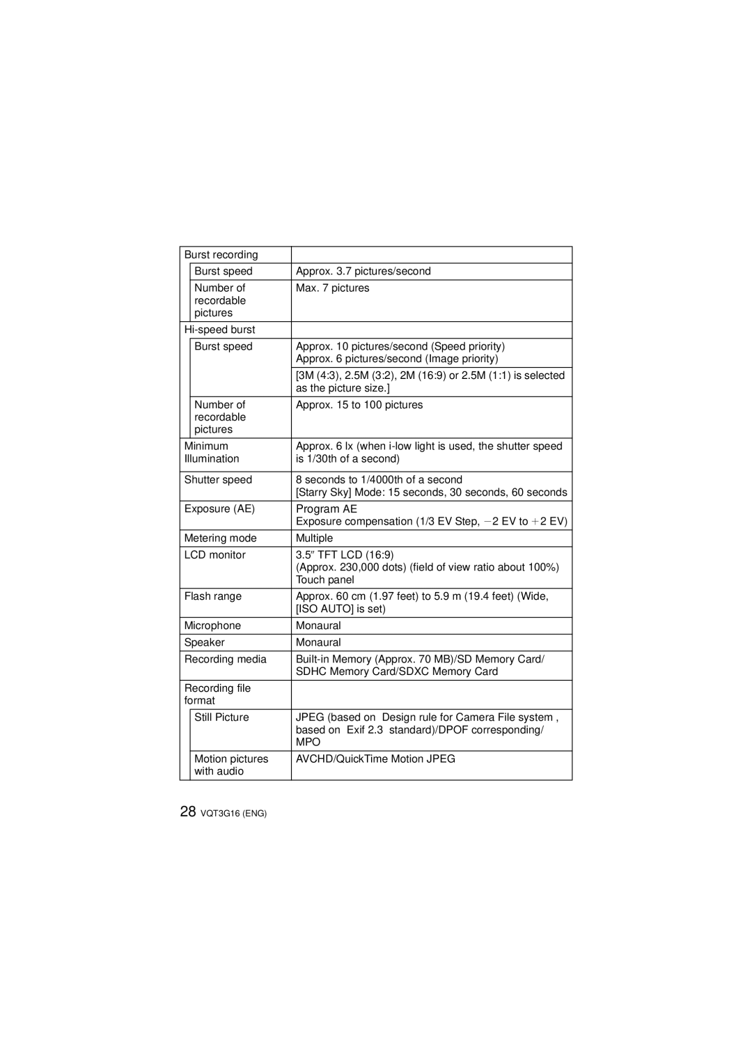 Panasonic DMC-FX78, DMCFX78K owner manual As the picture size, Number Approx to 100 pictures Recordable Pictures Minimum 