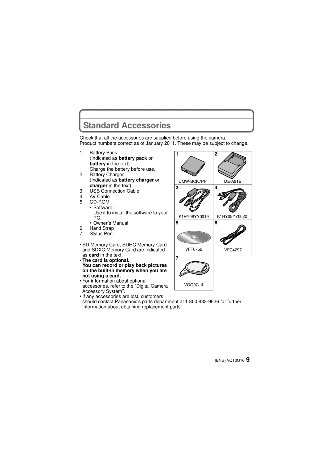 Panasonic DMCFX78K, DMC-FX78 owner manual Standard Accessories, Cd-Rom 