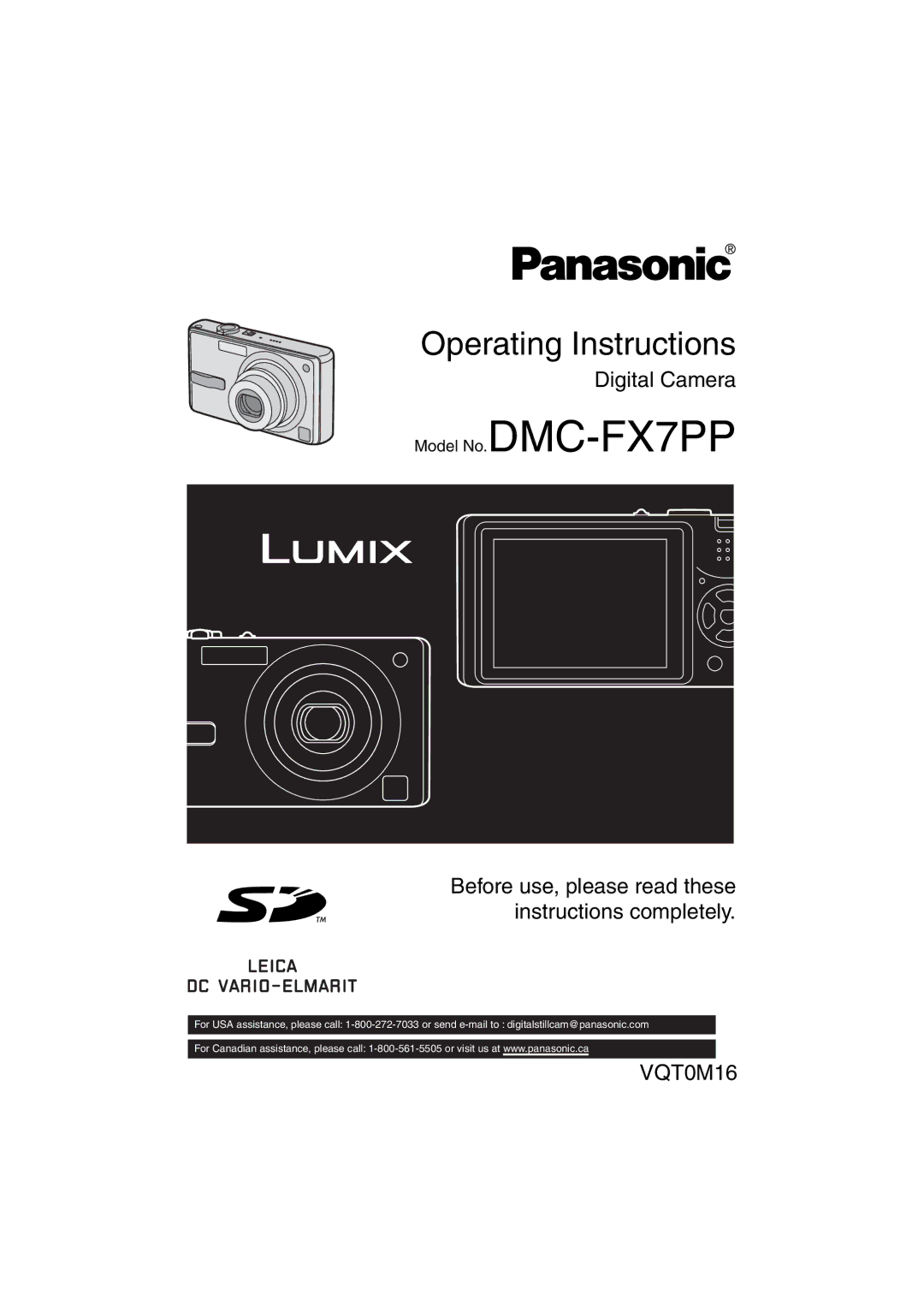 Panasonic DMCFX7K, DMC-FX7PP operating instructions Operating Instructions 