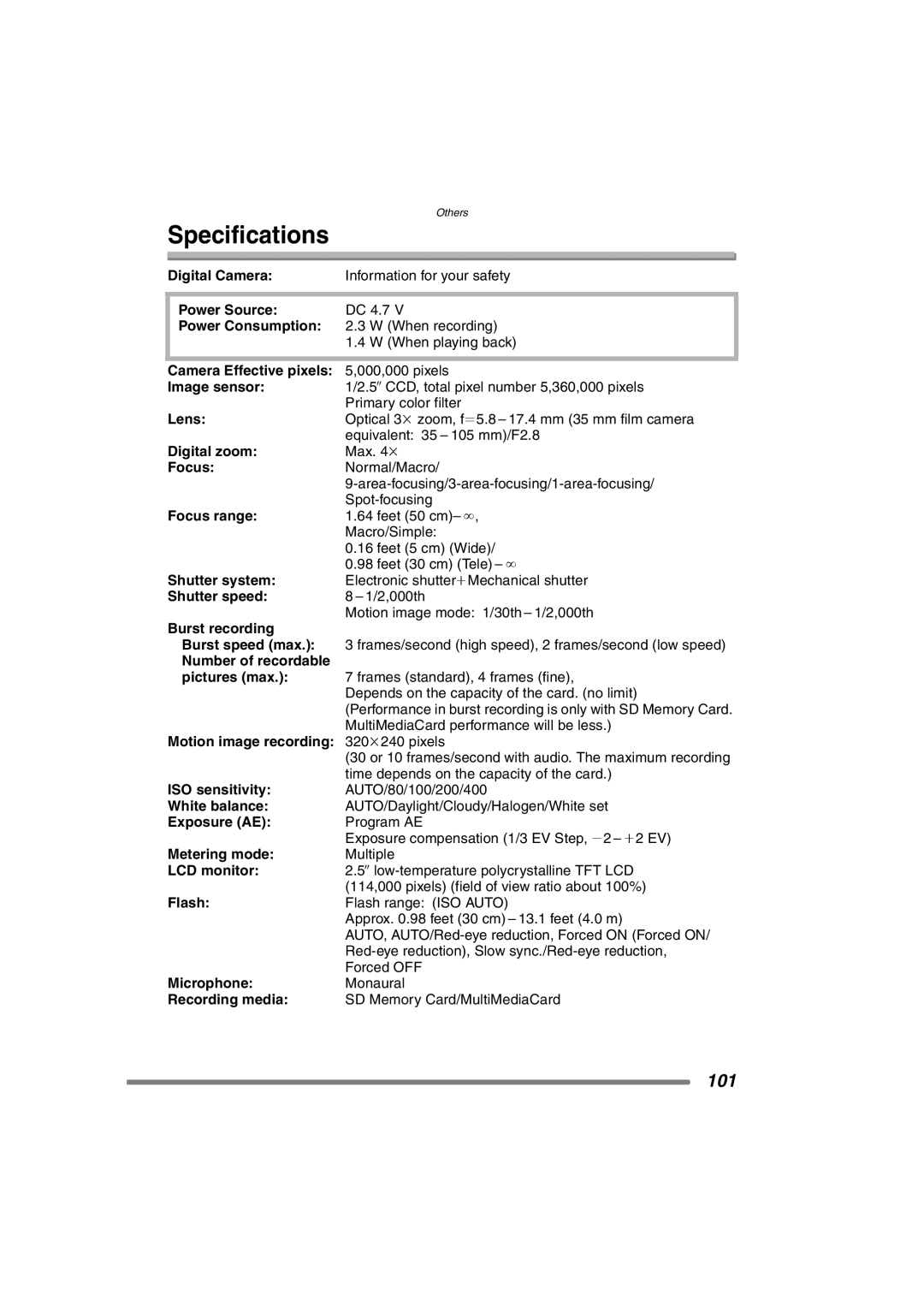 Panasonic DMC-FX7PP, DMCFX7K operating instructions Specifications 