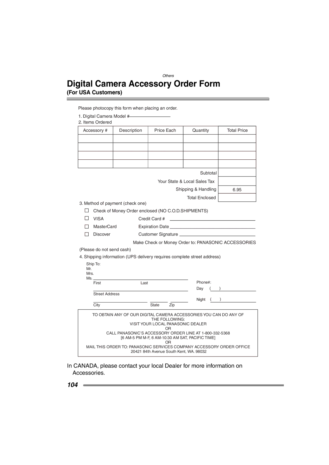 Panasonic DMC-FX7PP, DMCFX7K operating instructions Digital Camera Accessory Order Form, For USA Customers 