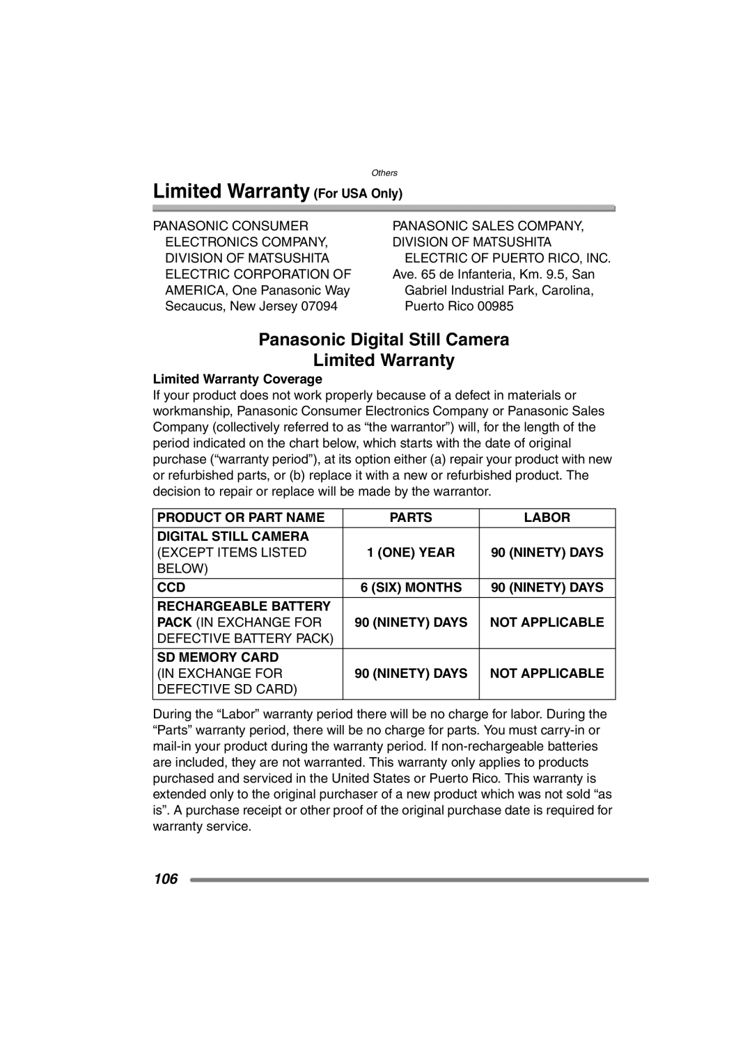 Panasonic DMCFX7K, DMC-FX7PP operating instructions Limited Warranty For USA Only, Limited Warranty Coverage 