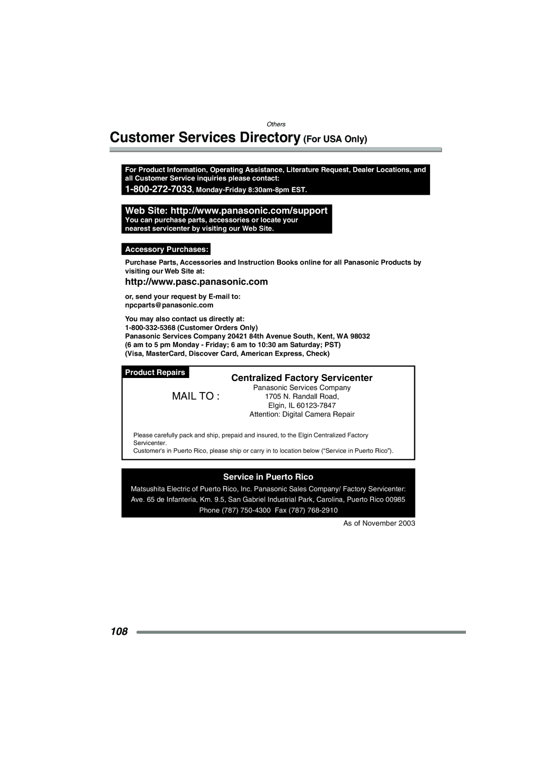 Panasonic DMC-FX7PP, DMCFX7K Customer Services Directory For USA Only, Centralized Factory Servicenter 