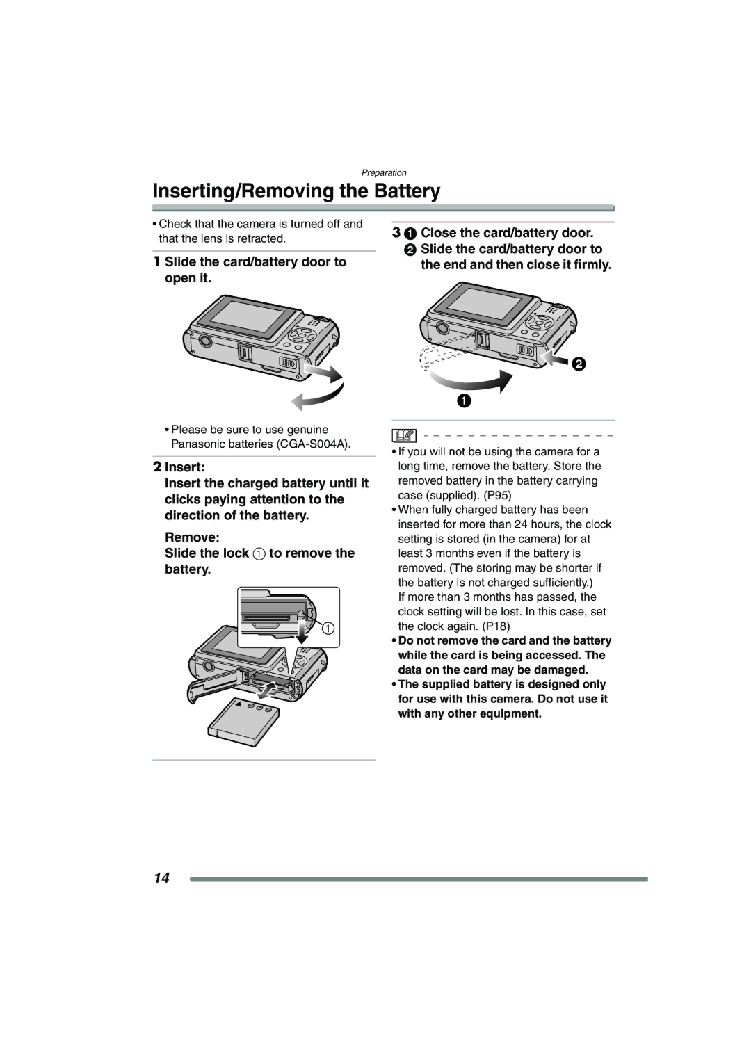 Panasonic DMC-FX7PP, DMCFX7K operating instructions Inserting/Removing the Battery 