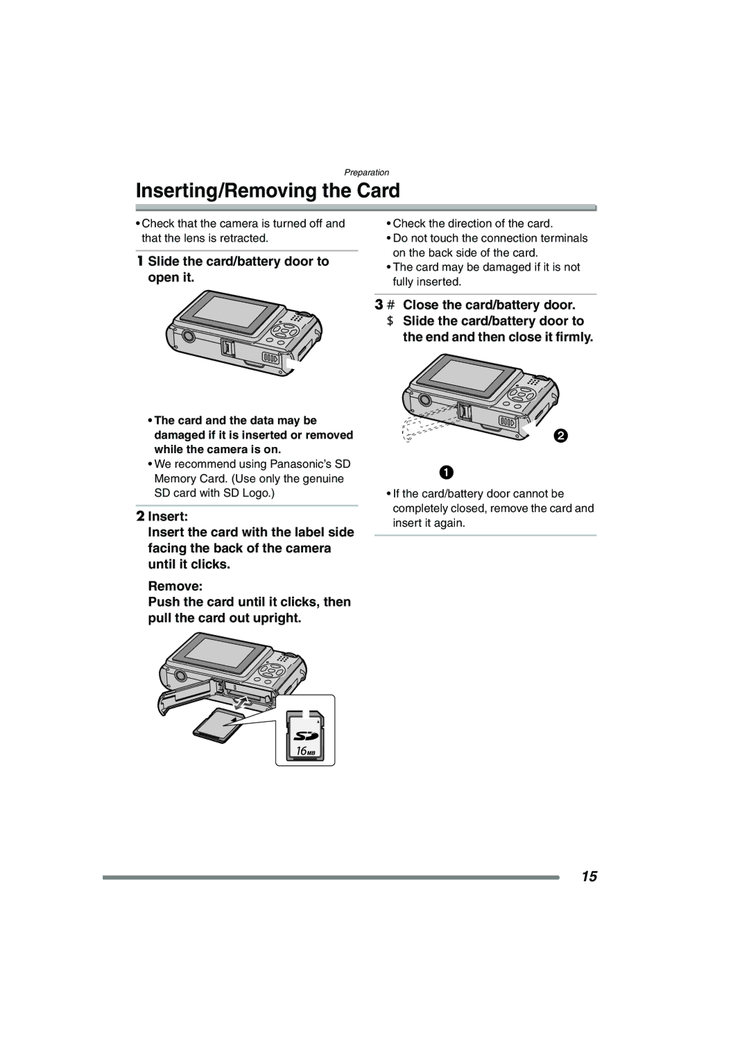 Panasonic DMC-FX7PP, DMCFX7K operating instructions Inserting/Removing the Card, Slide the card/battery door to open it 