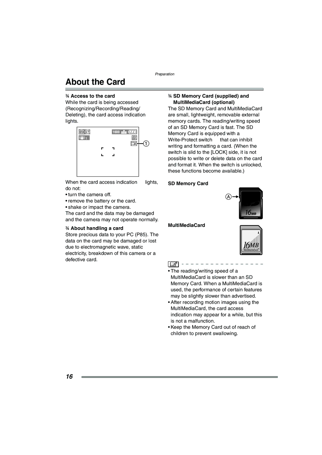 Panasonic DMCFX7K, DMC-FX7PP About the Card, Access to the card, About handling a card, SD Memory Card MultiMediaCard 