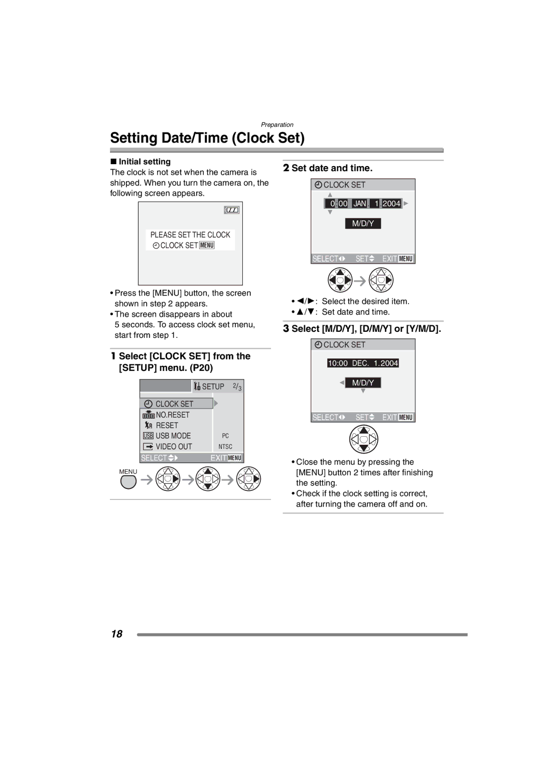 Panasonic DMC-FX7PP, DMCFX7K Setting Date/Time Clock Set, Set date and time, Select Clock SET from the Setup menu. P20 