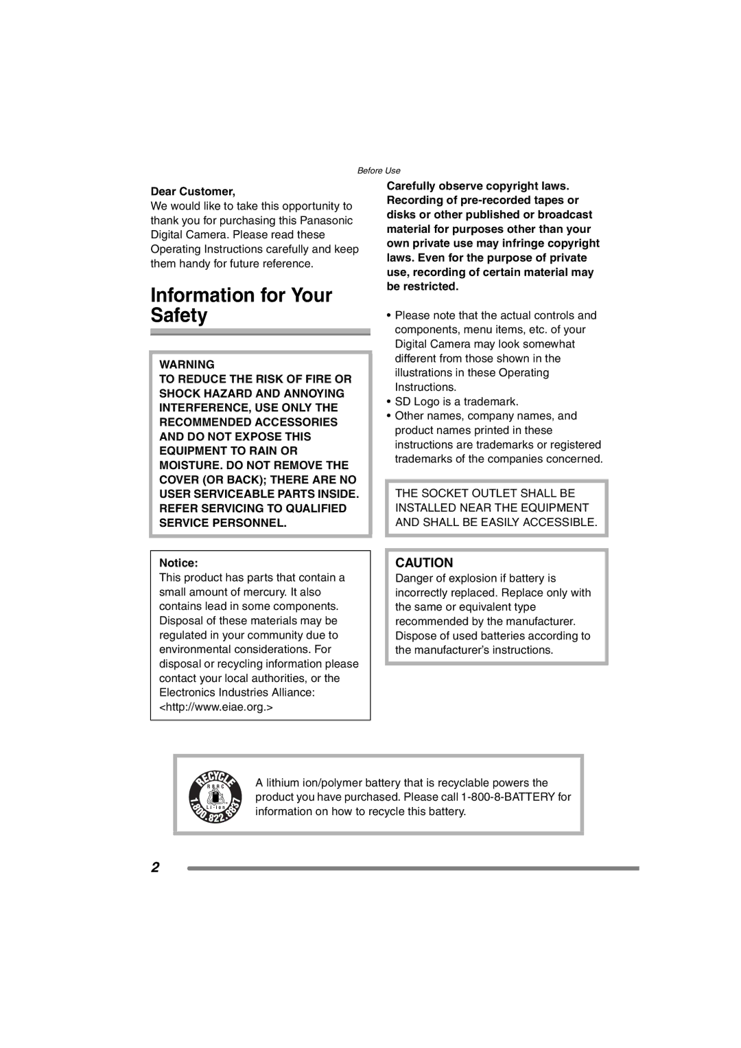 Panasonic DMC-FX7PP, DMCFX7K operating instructions Information for Your Safety, Dear Customer 