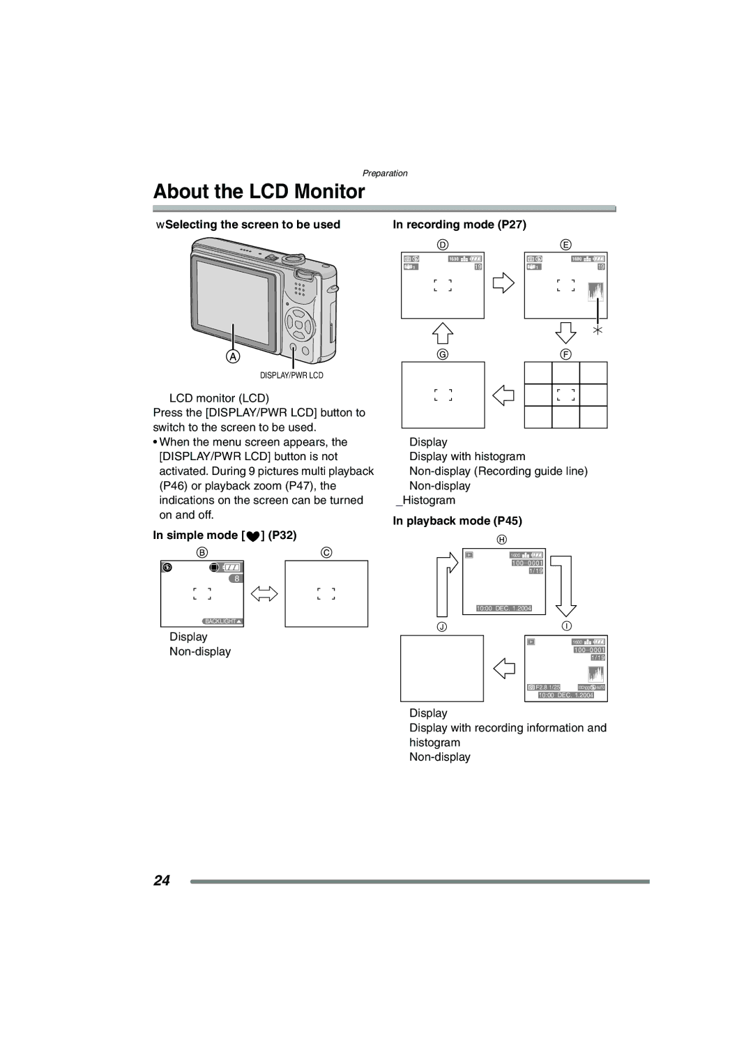 Panasonic DMC-FX7PP, DMCFX7K About the LCD Monitor, Selecting the screen to be used, Playback mode P45, Simple mode P32 