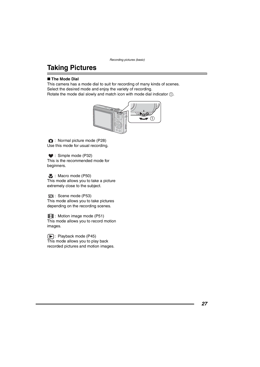 Panasonic DMC-FX7PP, DMCFX7K operating instructions Taking Pictures, Mode Dial 