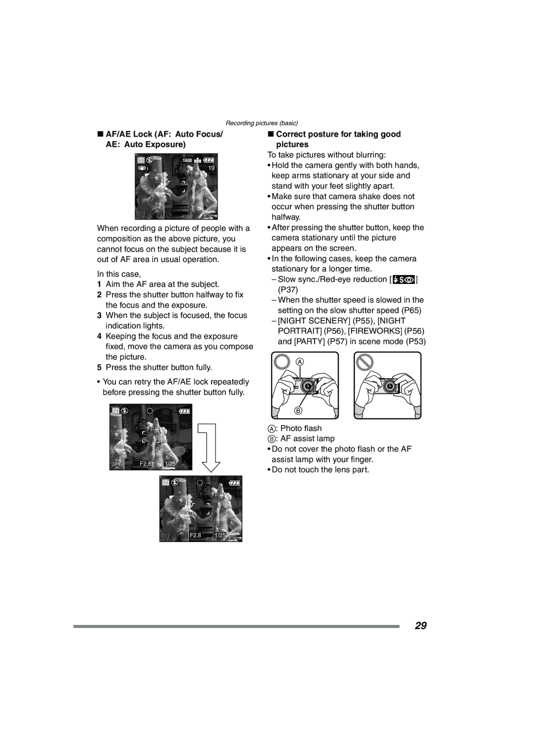 Panasonic DMC-FX7PP, DMCFX7K AF/AE Lock AF Auto Focus AE Auto Exposure, Correct posture for taking good pictures 