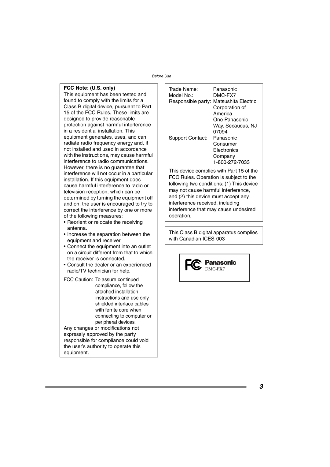 Panasonic DMC-FX7PP, DMCFX7K operating instructions FCC Note U.S. only 