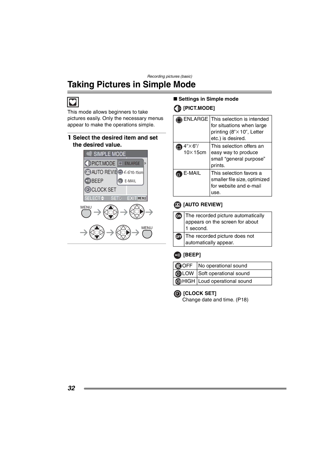 Panasonic DMCFX7, DMC-FX7PP Taking Pictures in Simple Mode, Select the desired item and set the desired value, Mail, Beep 