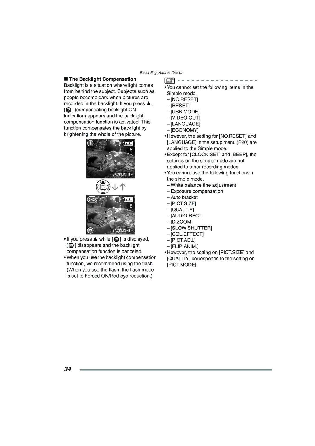 Panasonic DMCFX7K, DMC-FX7PP You cannot set the following items in the Simple mode, PICT.SIZE Quality Audio REC, Zoom 