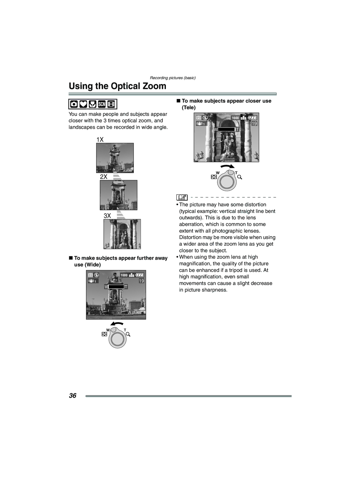 Panasonic DMC-FX7PP, DMCFX7K operating instructions Using the Optical Zoom, To make subjects appear closer use Tele 