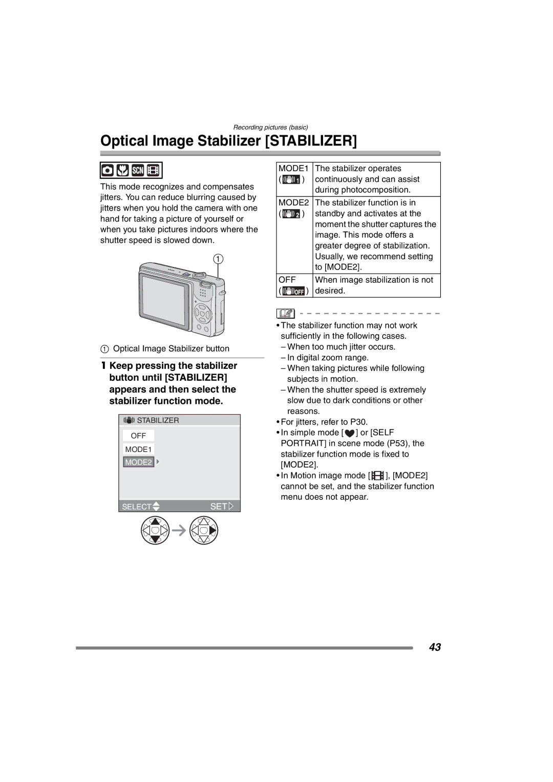 Panasonic DMCFX7K, DMC-FX7PP operating instructions Optical Image Stabilizer Stabilizer, MODE1 