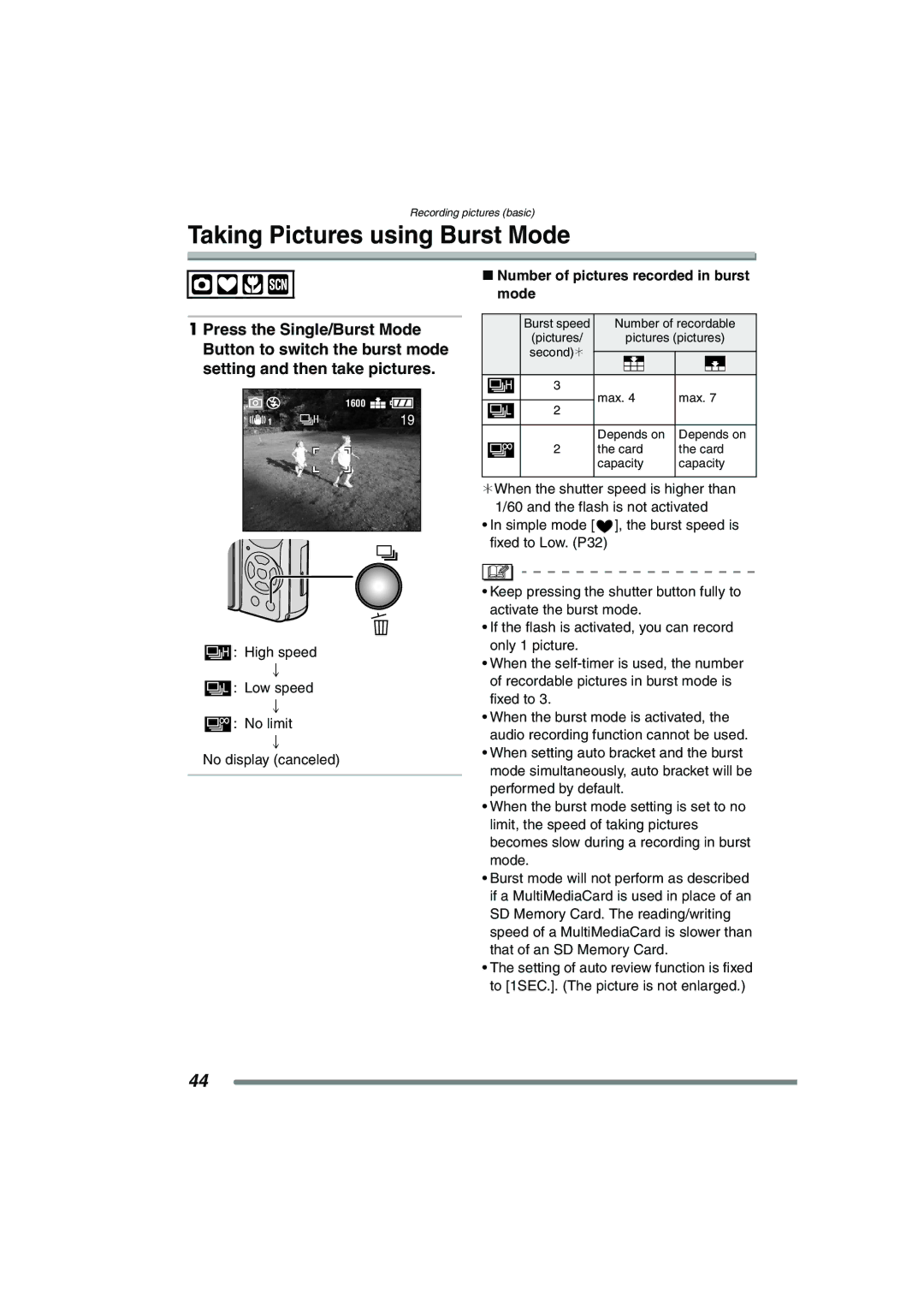 Panasonic DMC-FX7PP, DMCFX7K Taking Pictures using Burst Mode, High speed Low speed No limit No display canceled 