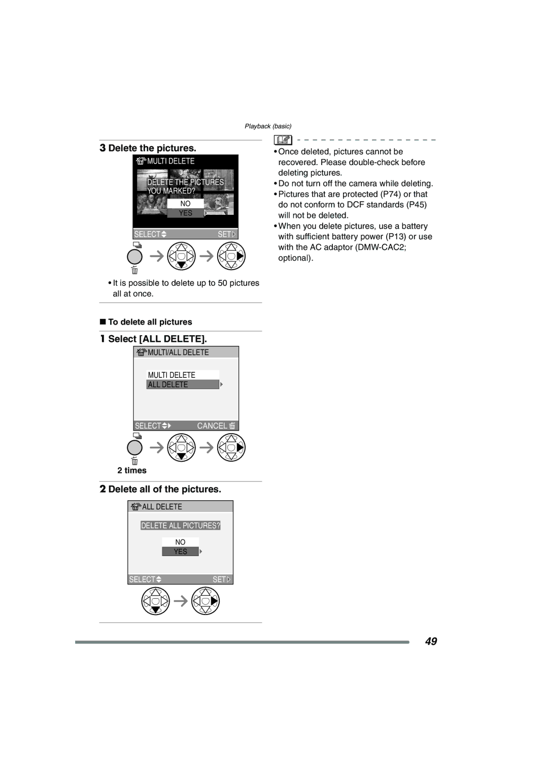 Panasonic DMCFX7K, DMC-FX7PP Delete the pictures, Select ALL Delete, Delete all of the pictures, To delete all pictures 