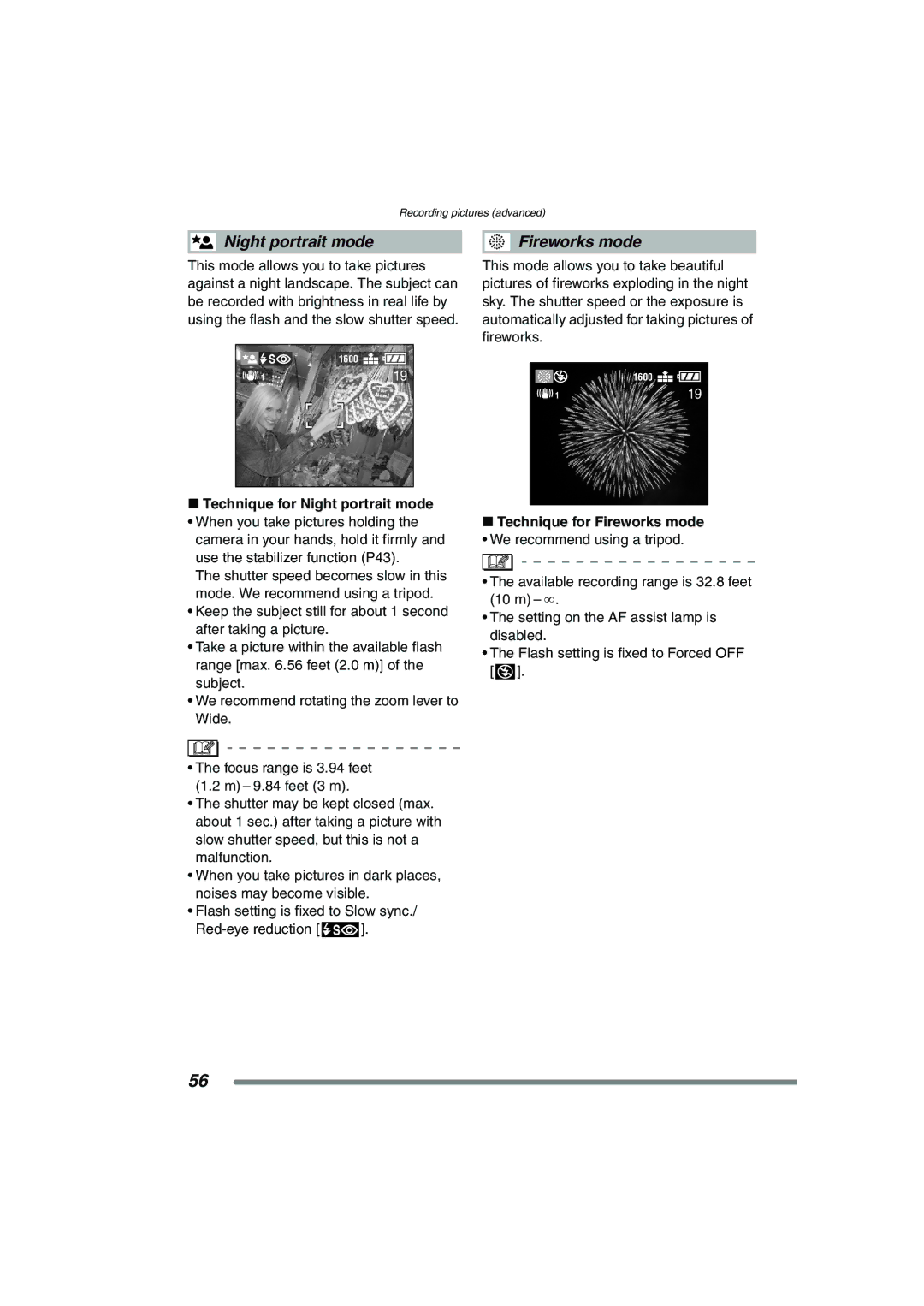 Panasonic DMC-FX7PP, DMCFX7K operating instructions Technique for Night portrait mode, Technique for Fireworks mode 