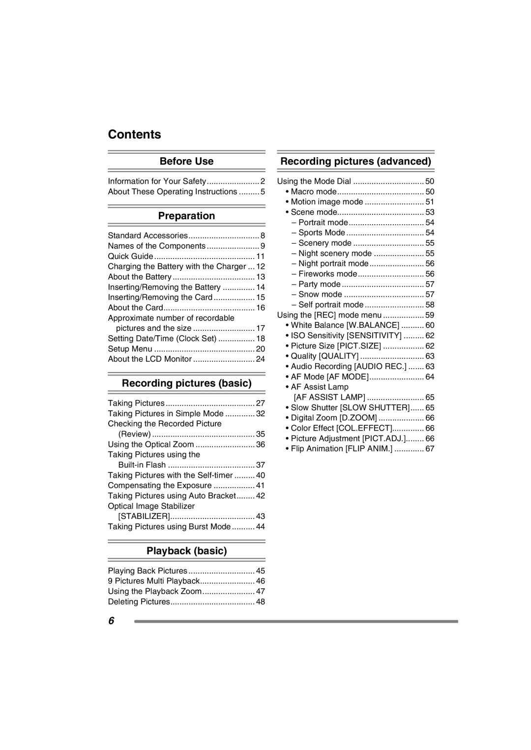 Panasonic DMC-FX7PP, DMCFX7K operating instructions Contents 