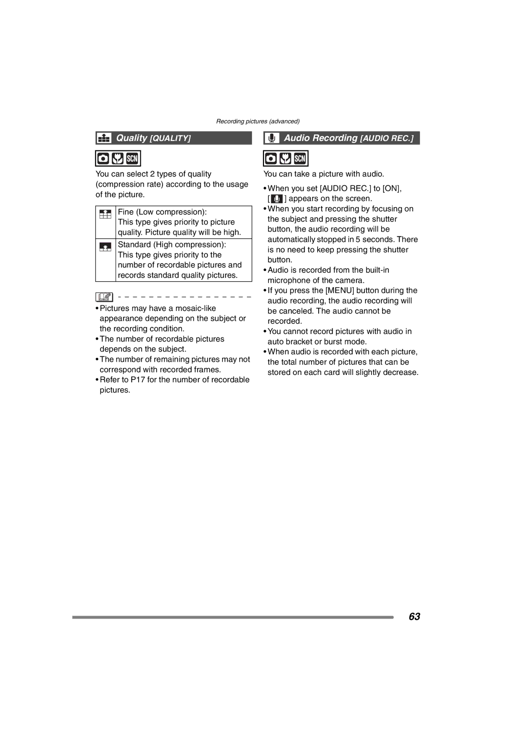 Panasonic DMC-FX7PP, DMCFX7K operating instructions Quality Quality Audio Recording Audio REC 