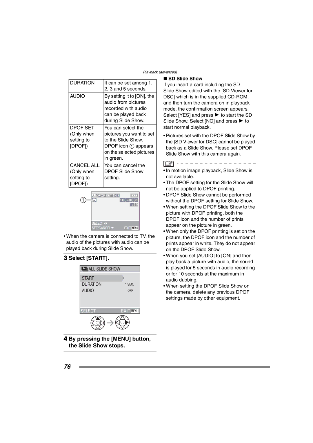 Panasonic DMCFX7K, DMC-FX7PP Select Start, By pressing the Menu button, the Slide Show stops, SD Slide Show 