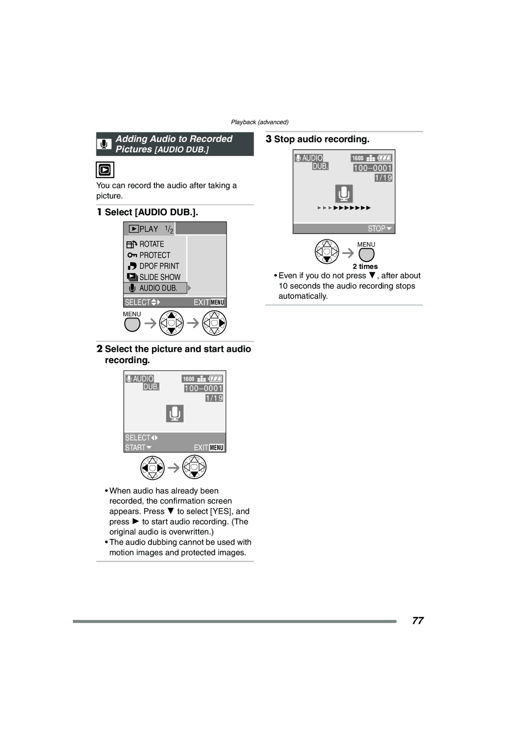 Panasonic DMCFX7, DMC-FX7PP Adding Audio to Recorded Stop audio recording, Select the picture and start audio recording 