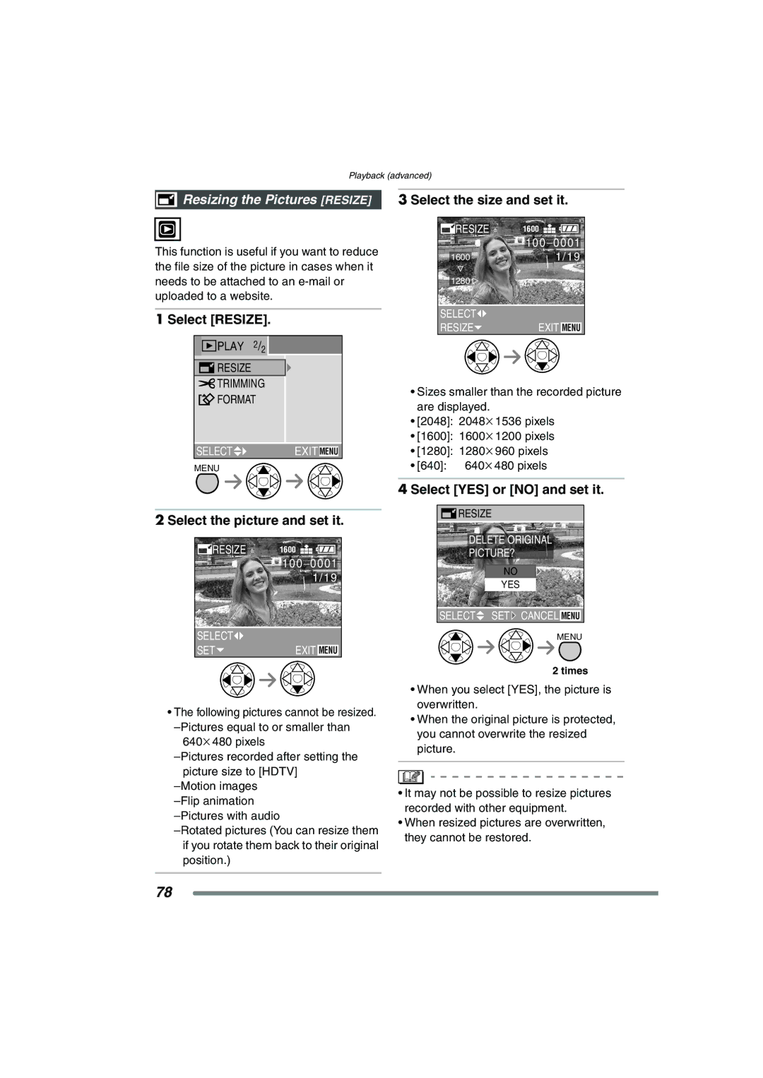 Panasonic DMC-FX7PP, DMCFX7K operating instructions Resizing the Pictures Resize, Select Resize, Select the size and set it 