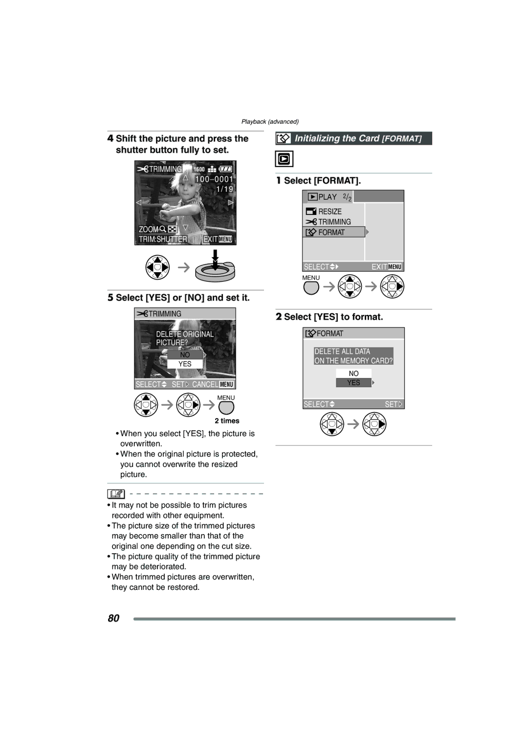 Panasonic DMCFX7 Shift the picture and press the shutter button fully to set, Select YES or no and set it, Select Format 